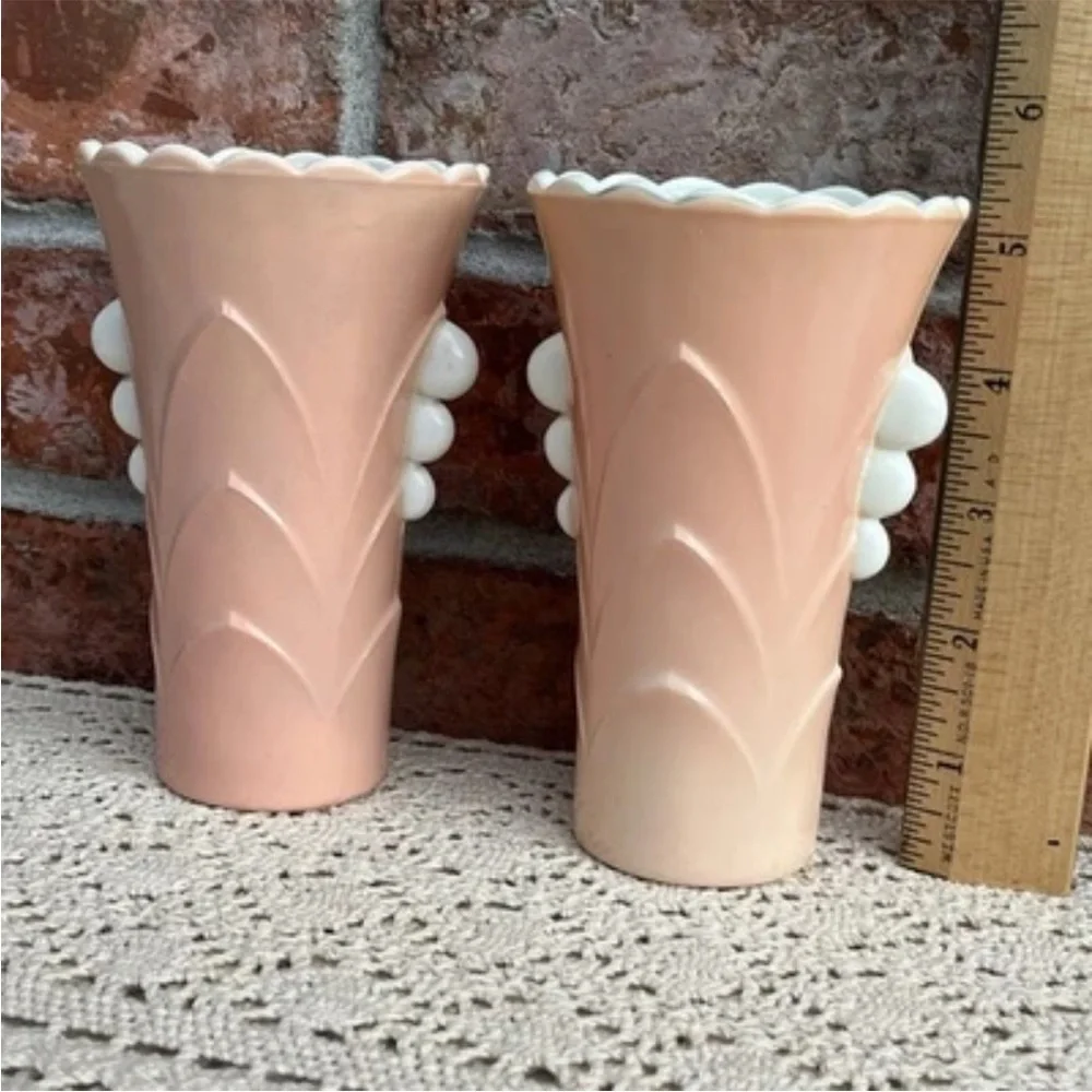 Vintage Anchor Hocking Fired On Pink Vitrock Scalloped Art Deco Style Vases
